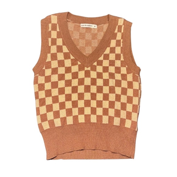 moon & madison Sweaters - Moon And Madison Brown And Cream, Checkered Sweater Vest Size Medium